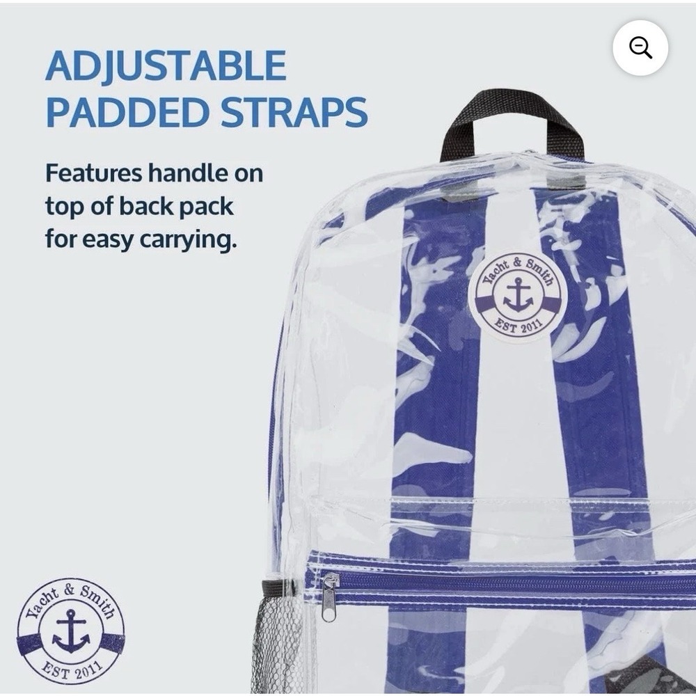 Yacht & Smith Clear & Blue Padded Straps  Plastic Backpack 17" Double Zipper NWT - Picture 6 of 8